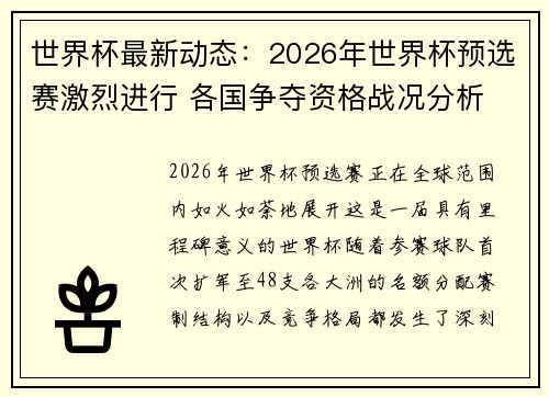 世界杯最新动态：2026年世界杯预选赛激烈进行 各国争夺资格战况分析